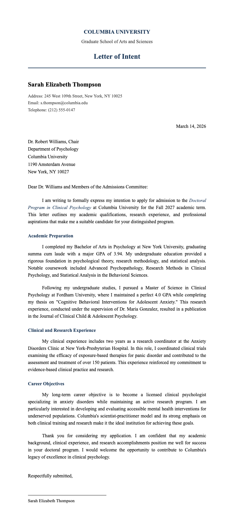 Academic formal letter of intent